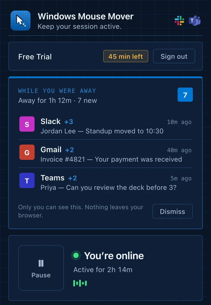 The Windows Mouse Mover popup with an Away Brief and the status: You're online, active for 2h 14m.
